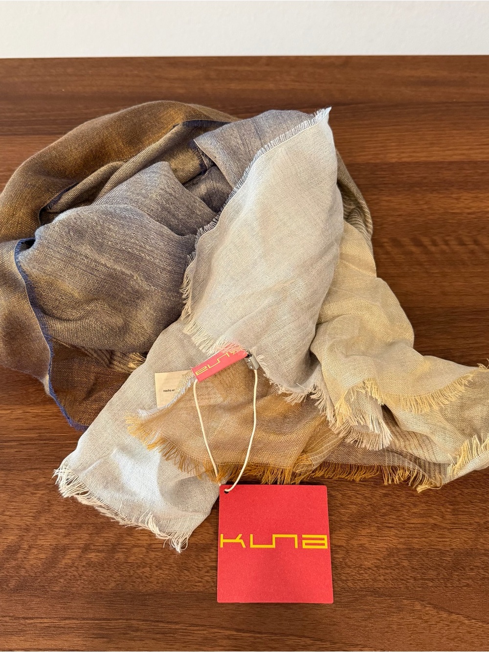 Kuna Baby Alpaca and Silk Fringe Scarf in Neutral Brown and Cream